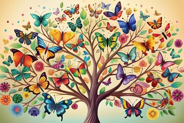 Vibrant, colorful, elegant butterfly tree with hanging branches and leaves, bright abstract 3D illustration background, perfect for interior wall mural or decoration.