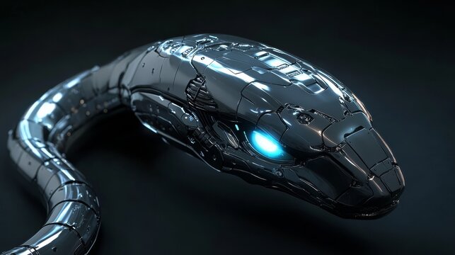 Futuristic metallic snake robot slithering in the dark