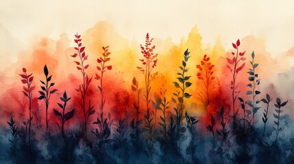 Watercolor painting depicting flowers growing in sunset over mountains