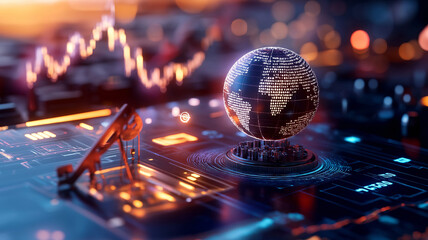 Fototapeta premium A digital hologram of a globe with oil wells and financial symbols floating around it, symbolizing the global significance and economic impact of oil investments.
