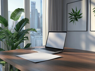 A sunlit desk by a window features blank papers and a potted plant, creating a serene and inspiring workspace.
