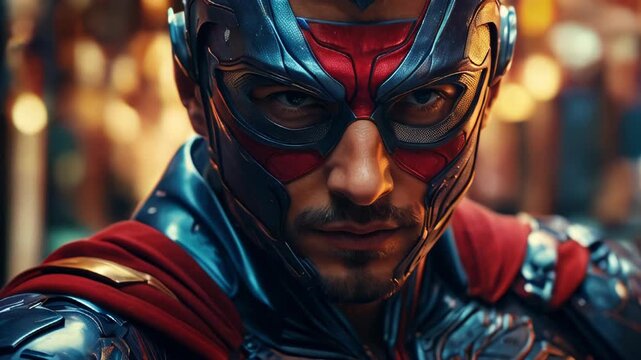 A fearless superhero confronts danger in a vibrant city at dusk, ready to protect the innocent and uphold justice with unwavering determination