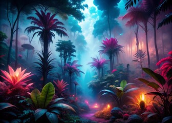 Vibrant neon-hued plants and trees illuminate a dark tropical forest, surrounded by misty fog, under an eerie black light, evoking a surreal and mesmerizing atmosphere.