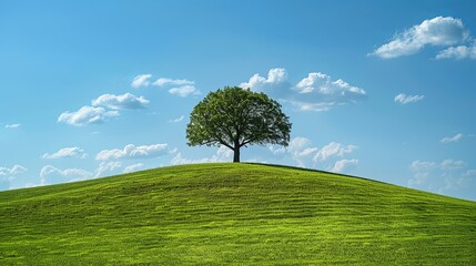 Obraz premium A solitary ash tree on a bright green hill under a clear sky with scattered clouds, symbolizing solitude and peace.
