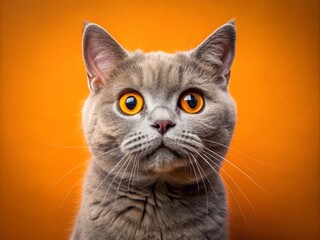 Adorable British Shorthair cat's bulging eyes and comically surprised expression contrast humorously against a vibrant, saturated orange background, capturing a playful feline moment.