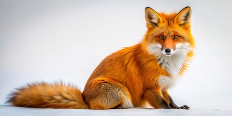 Obraz premium Vibrant orange red fox with bushy tail posed against a clean isolated background, showcasing its fluffy fur and piercing gaze in stunning high quality portrait.