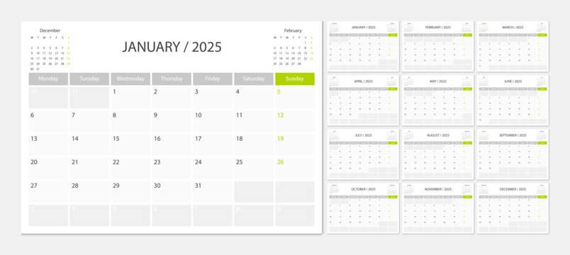 Calendar 2025 week start Monday corporate design planner template. Calendar planner 2025.