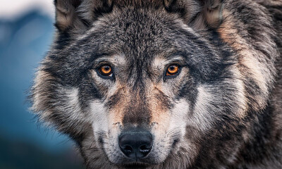 Fototapeta premium Close-up Big gray wolf eyes wild anger portrait 