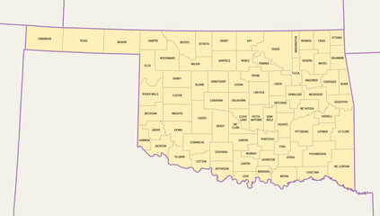 Oklahoma, U.S. state, political map with borders and county names. State in the South Central region of the USA, subdivided into 77 counties. Native America, Land of the Red Man, and Sooner State.