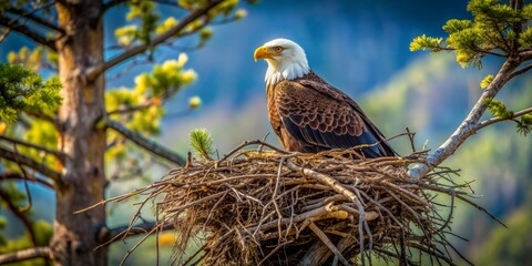 Majestic bald eagle's nest perched high in a tree, constructed from sturdy twigs and lined with soft leaves, exudes serene natural beauty and rugged splendor.