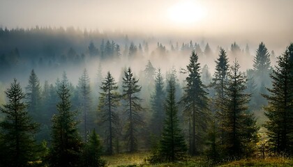 Winter sunrise over misty mountains and forest with a view of snowy pine trees and fog
