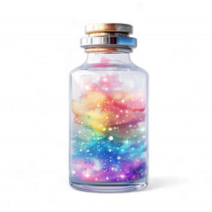A glass bottle with magical colourful clouds inside isolated on a transparent background