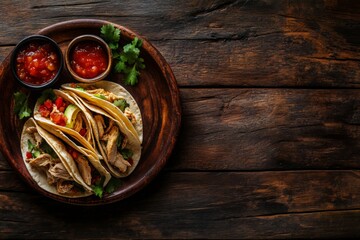 chicken tacos on rustic wooden plate