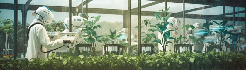 An AI-powered robot gardener tending to a futuristic greenhouse, symbolizing sustainability through technology