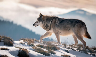 Obraz premium Mountain Big gray wolf with wild angry eyes hunting 