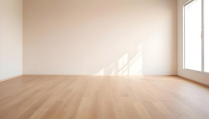 Empty wooden floor with plain beige wall background.
