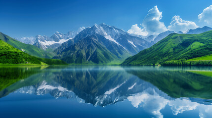 Fototapeta premium Serene mountain lake surrounded by misty green cliffs and cloudy skies