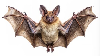 Obraz premium Isolated against a pure white background, a bat in full body view showcases its intricate fur texture and delicate wing veins in stunning high-resolution clarity.