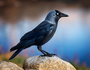 Jackdaw (Corvus monedula)  with blue eyes perched on a rock against blurred nature background