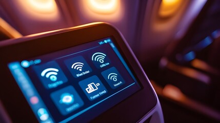 Obraz premium Close-up View of In-Flight Digital Connectivity Screen Showing Available WiFi Networks and Options