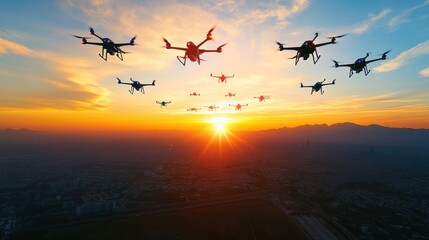 An AI-powered drone swarm creating intricate patterns in the sky, symbolizing precision and coordination 