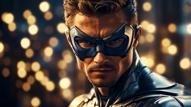 A city hero stands resolute under vibrant lights, ready to protect the innocent at dusk in a bustling urban landscape