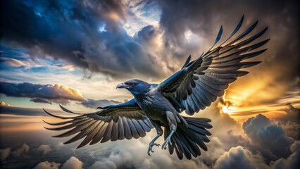 Obraz premium Majestic black crow in dramatic mid-flight pose, wings spread wide, feathers glistening in sunlight, against a muted blue-gray sky with soft, whispy clouds.