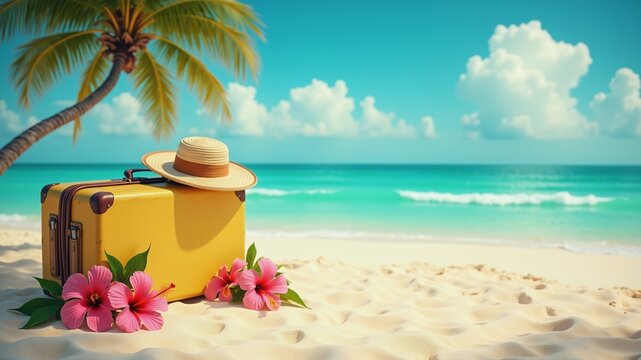Beach scene featuring a yellow suitcase, a straw hat, and two vibrant pink hibiscus flowers resting on soft sand.  A palm tree adds tropical flair, while the ocean stretches out in the background.
