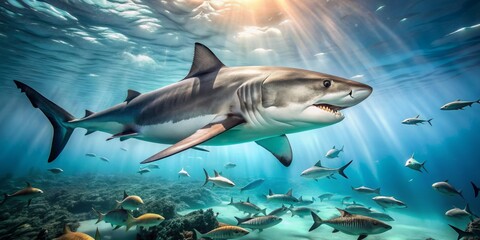Fototapeta premium A powerful great white shark swims effortlessly through crystal-clear turquoise water, its sleek gray body gliding past coral reefs and schools of small fish.