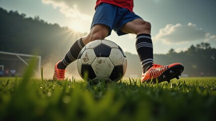 Close-up action shot of a soccer player kicking the ball on a green field. The player wears black striped socks and orange cleats.  Bright sunlight illuminates the scene.