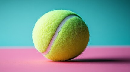 Tennis ball resting on pink surface with teal background