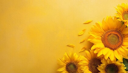 many sunflowers on yellow texture background, Flat lay, top view with space for text
