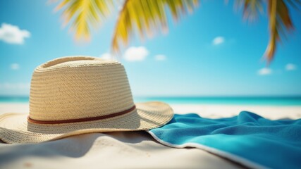 Blue Towel and Straw Hat on Sandy Beach, A sunny beach scene with a blue towel and a straw hat resting on soft sand. Palm trees sway in the background, creating a tropical paradise vibe.