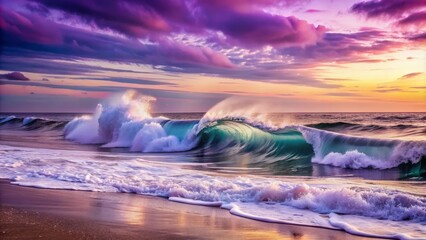 Gentle ocean wave with soothing purple and white hues crashes softly on the shore, evoking a sense of calmness and serenity in a peaceful seascape.