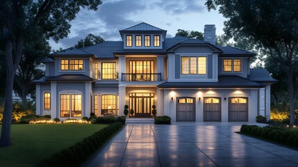 A large two-story house with three garages, showcasing the exterior of American houses in Washington State at dusk