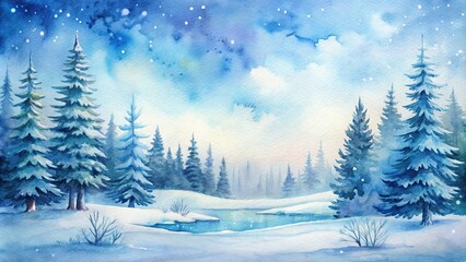 A beautiful watercolor winter landscape template with a blank space for text, watercolor, winter, landscape, snow, trees