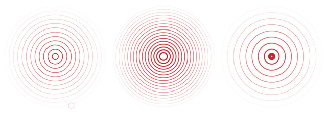 Concentric ripple circles set. Seismic Earthquake alert radar. Radial signal, sonar wave, soundwave rings. touch effect or pulse