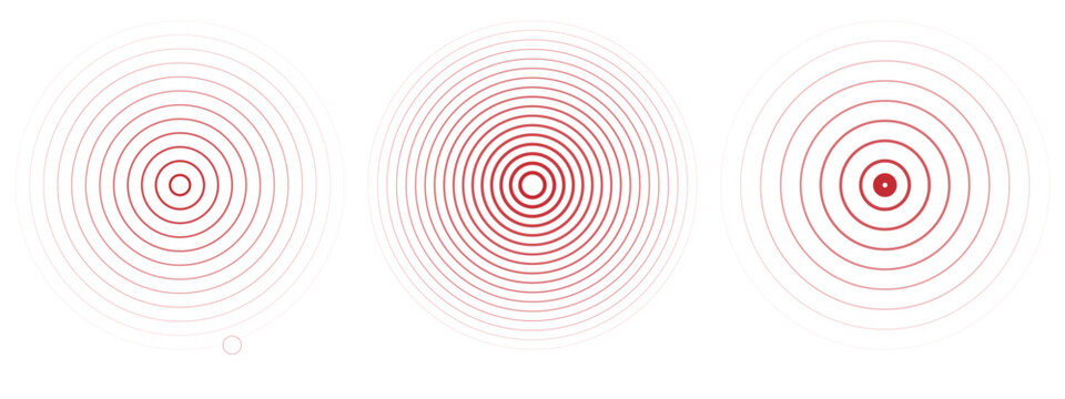 Concentric ripple circles set. Seismic Earthquake alert radar. Radial signal, sonar wave, soundwave rings. touch effect or pulse