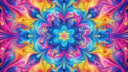 Fototapeta premium Vibrant, swirling shapes of pink, blue, and yellow liquefy in a mesmerizing dance, creating a kaleidoscope of colors in a psychedelic liquid background.