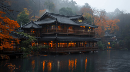 Fototapeta premium Traditional Japanese wooden house illuminated at dusk by a misty autumn lake