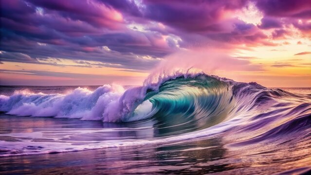 Softly rolling ocean wave with soothing purple and white hues creates a calming atmosphere, evoking feelings of serenity and peacefulness in this serene seascape.