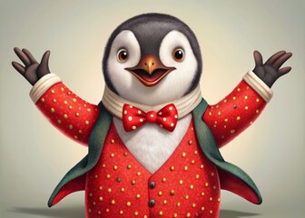 Adorable penguin dressed in a bright red strawberry-print tuxedo, enthusiastically clapping its flippers together, exuding joyful energy and playful sophistication in a whimsical setting.