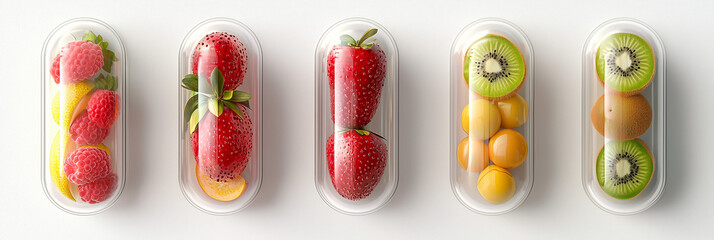 Fruits Encased in Transparent Capsules on White Background