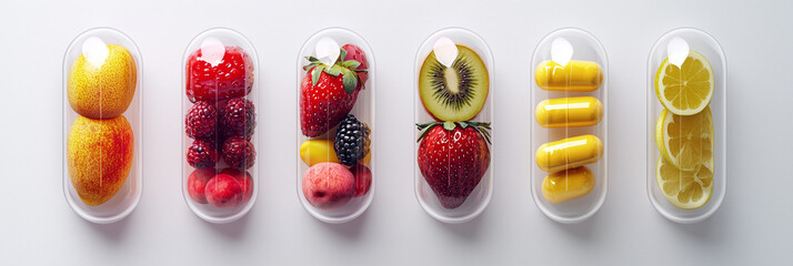 Fresh Fruits and Supplements in Transparent Capsules on White Background