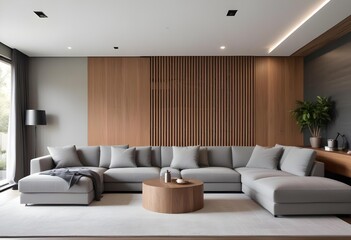 A modern and minimalist living room with a large gray sectional sofa, a wooden accent wall with recessed lighting, and a low coffee table on a light-colored rug.