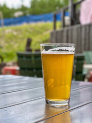 Glass of beer on tabletop