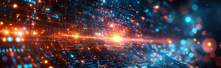 Obraz premium A futuristic circuit board with glowing blue and orange lights, ideal for technology, innovation, and digital transformation themes,