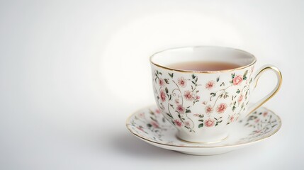 Delicate Floral Patterned Teacup Exuding Vintage Elegance on a White Background