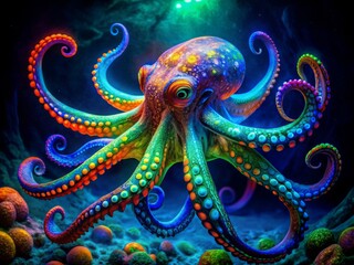 Vibrant, colorful octopus with mesmerizing blue, green, and orange markings shines brightly under blacklight, creating an otherworldly, hypnotic, and surreal underwater scene.
