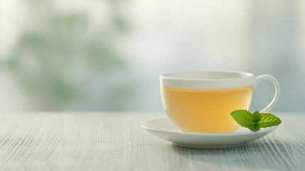 Cup of Green Tea with Fresh Mint Leaf on Saucer and Light Background for Relaxation and Refreshment Concepts in Minimalist Design and Natural Lifestyle Imagery